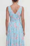 Robe longue longue en mousseline en vr bleue à col en V
