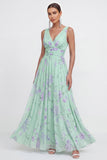 Robe longue longue en mousseline en vr bleue à col en V