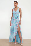 Robe fleurie en chiffon bleu fêlée sur le côté avec fleur 3D