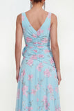 Robe fleurie en chiffon bleu fêlée sur le côté avec fleur 3D