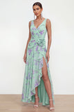 Robe fleurie en chiffon bleu fêlée sur le côté avec fleur 3D