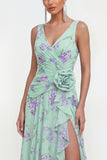 Robe fleurie en chiffon bleu fêlée sur le côté avec fleur 3D