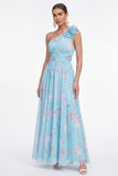 Robe d'invitée de mariage verte chiffon une épaule froncée imprimé floral avec fleur 3D