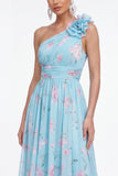 Robe d'invitée de mariage verte chiffon une épaule froncée imprimé floral avec fleur 3D