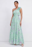 Robe d'invitée de mariage verte chiffon une épaule froncée imprimé floral avec fleur 3D