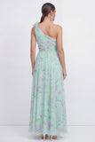 Robe d'invitée de mariage verte chiffon une épaule froncée imprimé floral avec fleur 3D