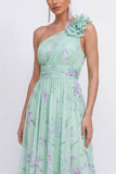 Robe d'invitée de mariage verte chiffon une épaule froncée imprimé floral avec fleur 3D