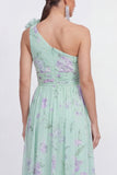 Robe d'invitée de mariage verte chiffon une épaule froncée imprimé floral avec fleur 3D