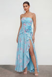 Robe fleurie bleue 3D à volants sans bretelle bleue avec fente