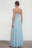 Robe fleurie bleue 3D à volants sans bretelle bleue avec fente