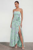 Robe fleurie bleue 3D à volants sans bretelle bleue avec fente