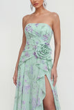 Robe fleurie bleue 3D à volants sans bretelle bleue avec fente