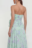 Robe fleurie bleue 3D à volants sans bretelle bleue avec fente
