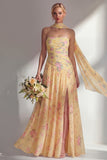 Robe longue de demoiselle d’honneur à motif de fleurs jaunes roses, en chiffon et fête