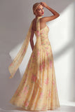 Robe longue de demoiselle d’honneur à motif de fleurs jaunes roses, en chiffon et fête