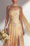 Robe longue de demoiselle d’honneur à motif de fleurs jaunes roses, en chiffon et fête