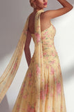 Robe longue de demoiselle d’honneur à motif de fleurs jaunes roses, en chiffon et fête