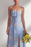 Longue robe de demoiselle d’honneur à motif motif d’une épaule et fleur rose en chiffon