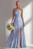 Longue robe de demoiselle d’honneur à motif motif d’une épaule et fleur rose en chiffon
