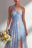 Longue robe de demoiselle d’honneur à motif motif d’une épaule et fleur rose en chiffon