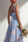 Longue robe de demoiselle d’honneur à motif motif d’une épaule et fleur rose en chiffon