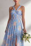 Longue robe de demoiselle d’honneur à motif motif d’une épaule et fleur rose en chiffon