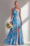 Longue robe de demoiselle d’honneur à motif motif d’une épaule et fleur rose en chiffon