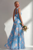 Longue robe de demoiselle d’honneur à motif motif d’une épaule et fleur rose en chiffon