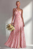 Longue robe de demoiselle d’honneur à motif motif d’une épaule et fleur rose en chiffon