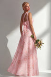 Longue robe de demoiselle d’honneur à motif motif d’une épaule et fleur rose en chiffon
