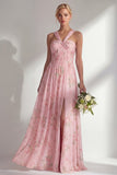 Longue robe de demoiselle d’honneur à motif motif d’une épaule et fleur rose en chiffon