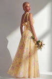 Longue robe de demoiselle d’honneur à motif motif d’une épaule et fleur rose en chiffon