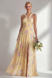 Longue robe de demoiselle d’honneur à motif motif d’une épaule et fleur rose en chiffon