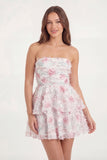 Robe de remise de diplôme courte à la ligne A à volants à étages fleur rose blanche