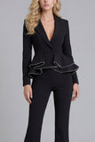 Costumes noirs de bal de promo 2 pièces à revers crantés, jambe large et jambes larges, avec volants