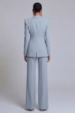 Costumes féminins 2 pièces à revers gris-bleu pointu avec manches