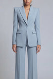 Costumes féminins 2 pièces à revers gris-bleu pointu avec manches