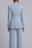 Costumes féminins 2 pièces à revers gris-bleu pointu avec manches