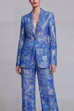 Costumes de bal de bal, en dentelle bleu foncé, fleurs, deux pièces, boutonnés simples et encochés