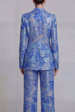 Costumes de bal de bal, en dentelle bleu foncé, fleurs, deux pièces, boutonnés simples et encochés