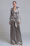 Costumes de bal de bal en deux pièces gris à jambe large à jambes larges avec nœud de promo
