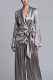 Costumes de bal de bal en deux pièces gris à jambe large à jambes larges avec nœud de promo