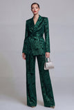 Costumes de bal de bal 2 pièces fleuraux vert foncé à revers crantés, jambes larges avec ceinture