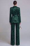 Costumes de bal de bal 2 pièces fleuraux vert foncé à revers crantés, jambes larges avec ceinture