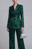 Costumes de bal de bal 2 pièces fleuraux vert foncé à revers crantés, jambes larges avec ceinture