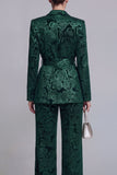 Costumes de bal de bal 2 pièces fleuraux vert foncé à revers crantés, jambes larges avec ceinture