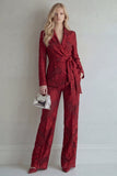Costumes de bal de promo en revers Red Lace Peak Floral 2 pièces slim fit avec ceinture