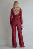 Costumes de bal de promo en revers Red Lace Peak Floral 2 pièces slim fit avec ceinture