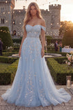 Corset bleu à épaules décollées Corset en tulle longue robe de bal avec des appliques