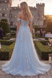 Corset bleu à épaules décollées Corset en tulle longue robe de bal avec des appliques